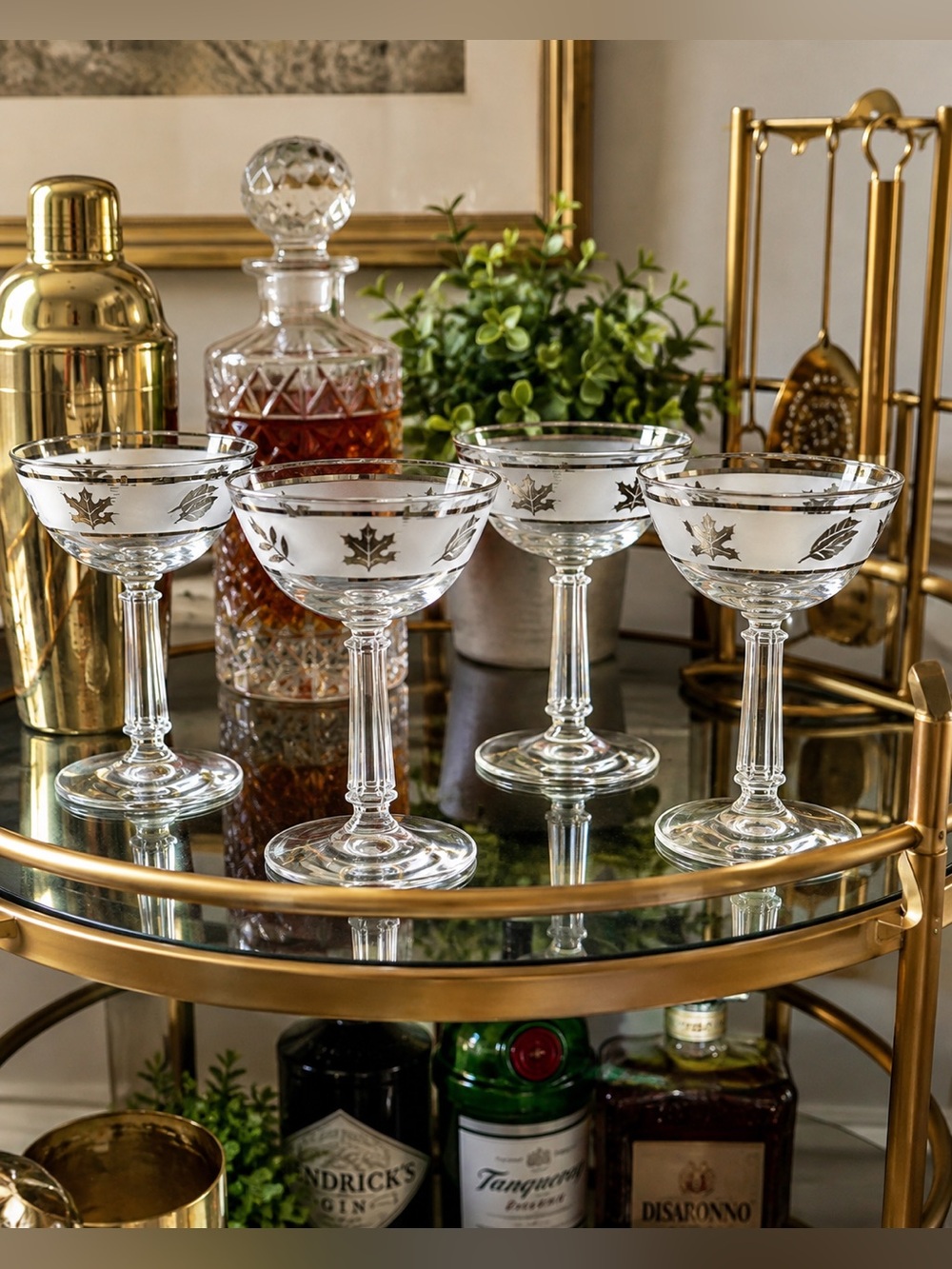 Libbey Clear Etched Leaf Coupe Glasses with Silver Band